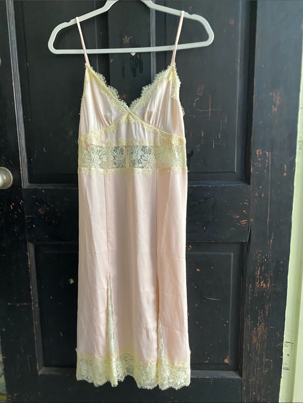 Urban Outfitters Pale Pink Slip Dress with Pale Yellow Lace Trim